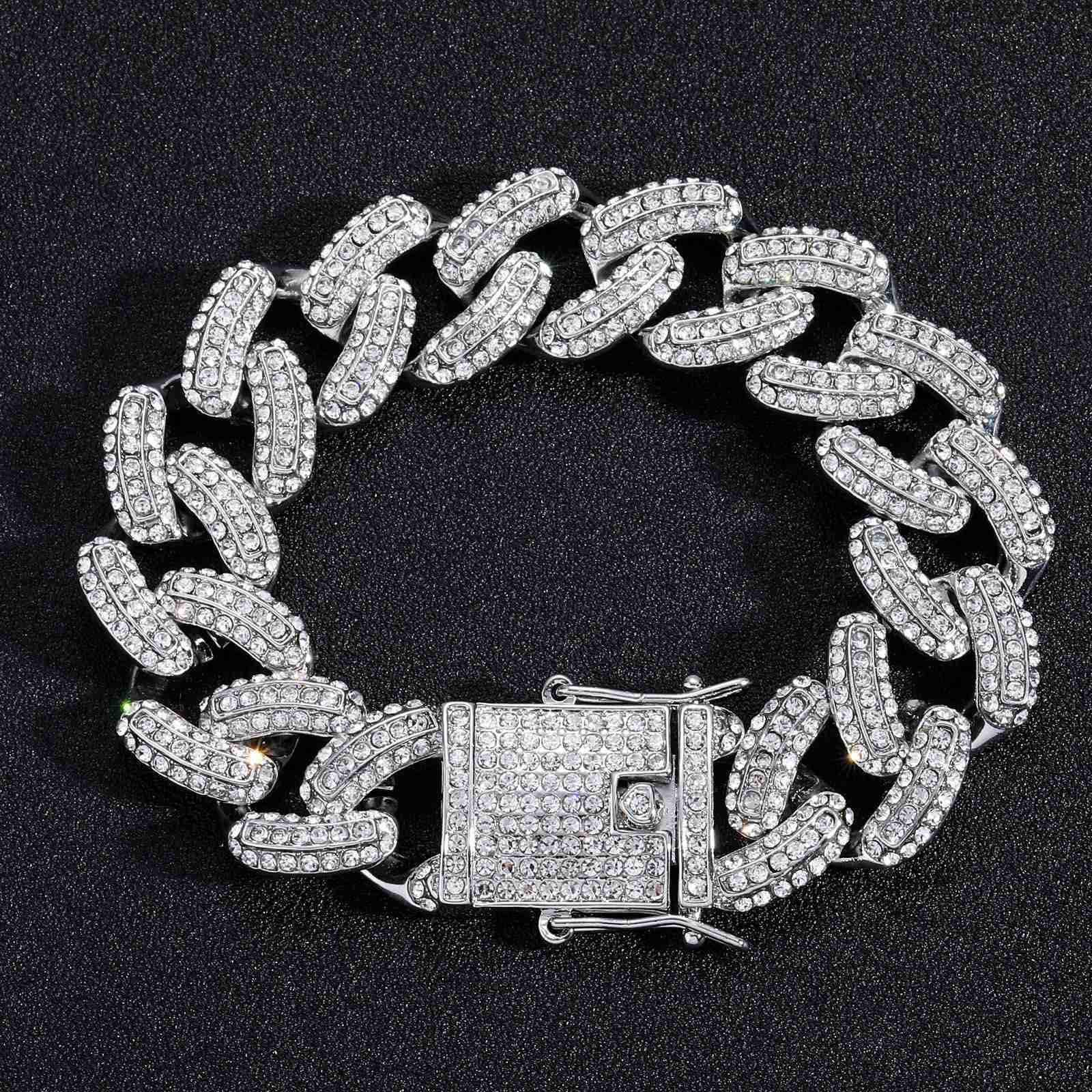 Bracelet hip hop CUBAN CHAIN 19mm three row diamond domineering mens hip hop Bracelet personalized trendy accessories moissanite