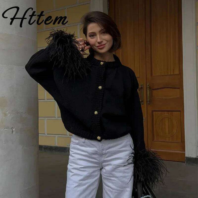 Casual Feather Knitted Cardigan Women Loose Long Sleeve Single Breasted Patchwork Sweater 2024 Fall Lady Street Knitwear