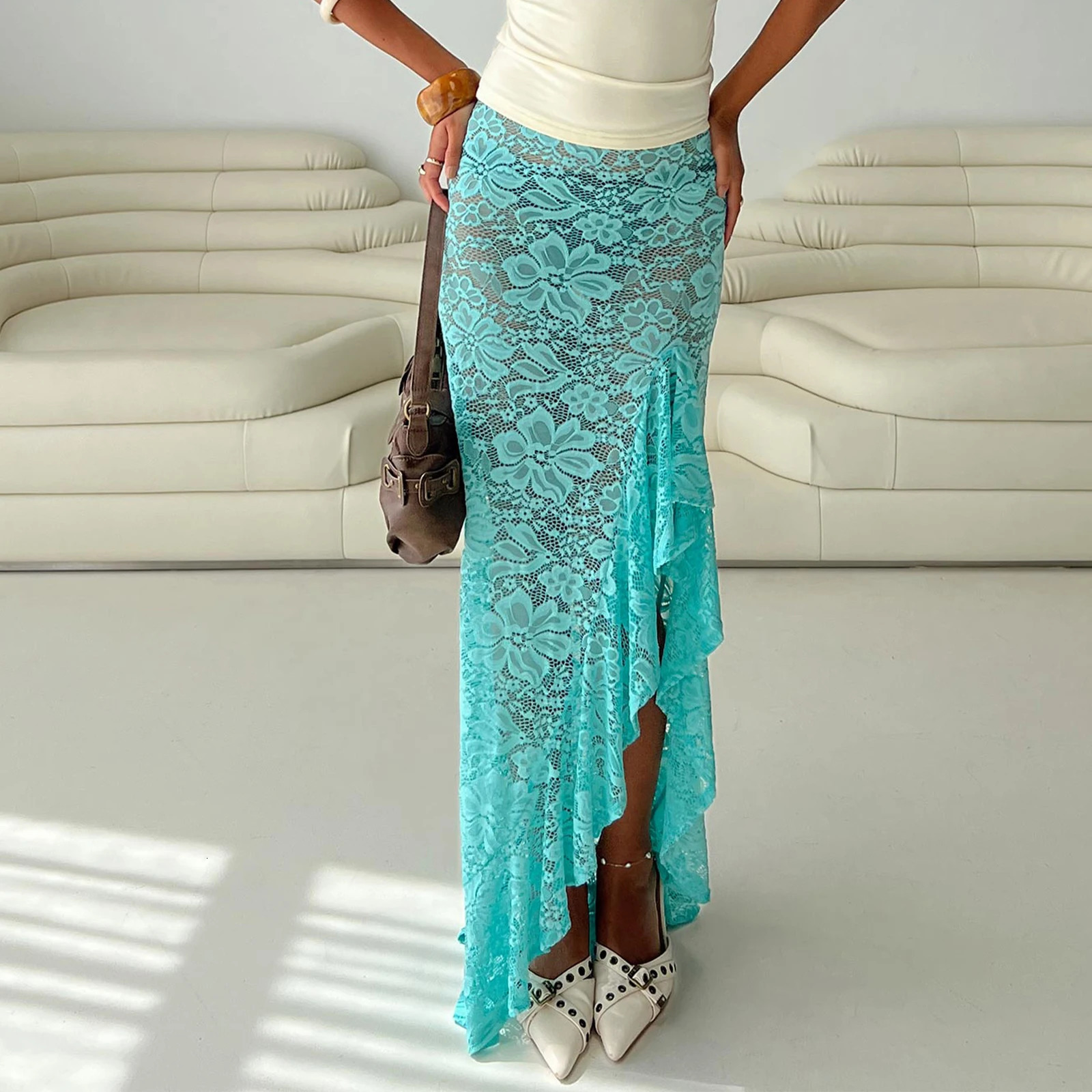 hirigin Womens Fashion Long Skirts Sheer Lace High Waist Skirts Summer Y2K Vintage Irregular Ruffles Bodycon Skirts 250603