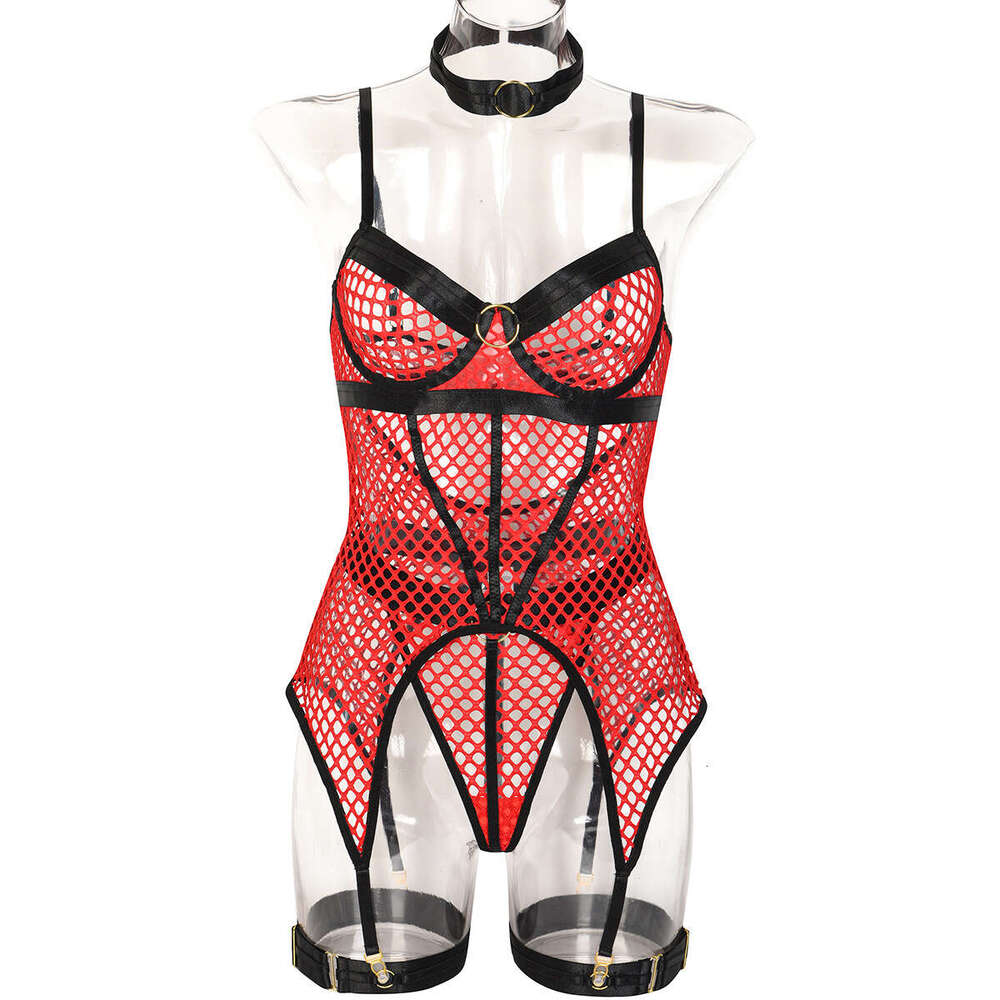 Spell Lingerie Porn Suits Sexy Dress Piece Set Large Mesh Patchwork With Underwire Halter Neck Leg Ring Lingerie Sexy Lingerie