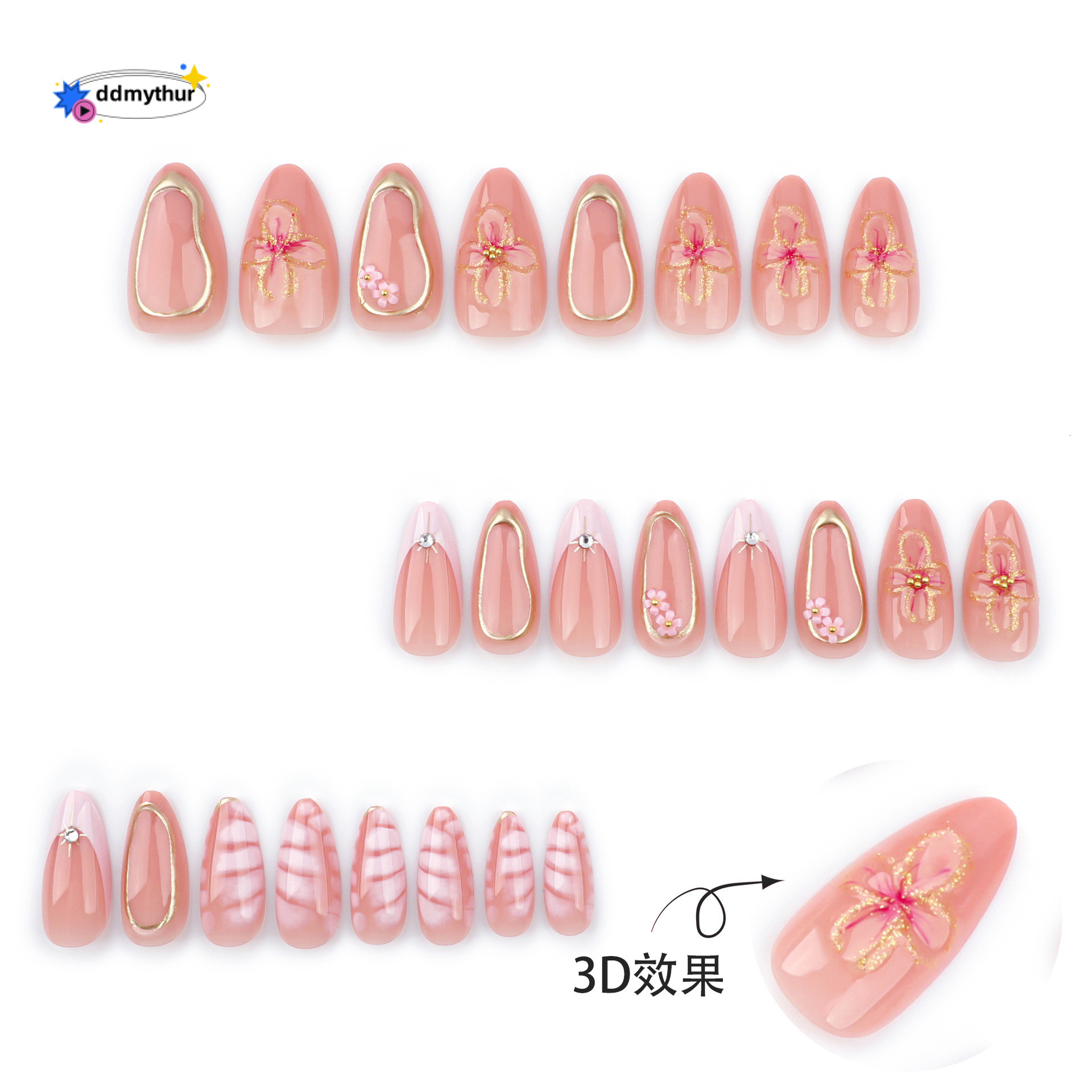 New Pink French Crocodile Pattern Art Detachable Nail Tips Glitter 3D Flower Fake Gold Foil Wearable Nails ddmythur