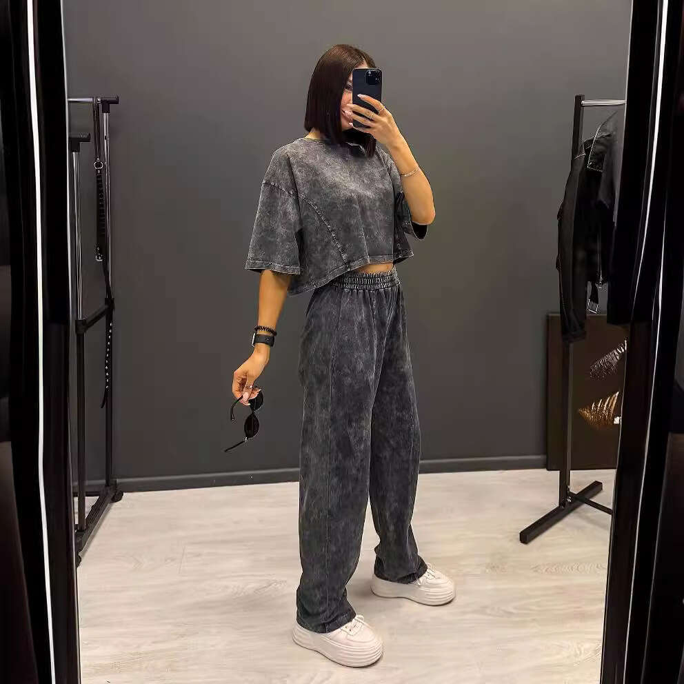 Vintage Washed Short Sleeve T-Shirt Straight High Waist Long Pants Set Women's Fashion Casual High-End B5
