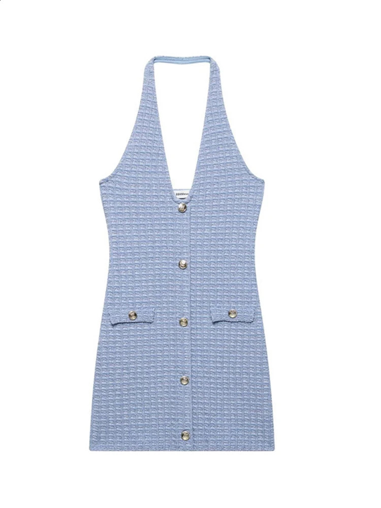 Fashion Tweed Knitted Halter Mini Dress For Women Y2K Slim Sleeveless Backless Bodycon Dress Summer Vacation Party Chic Dresses 250529