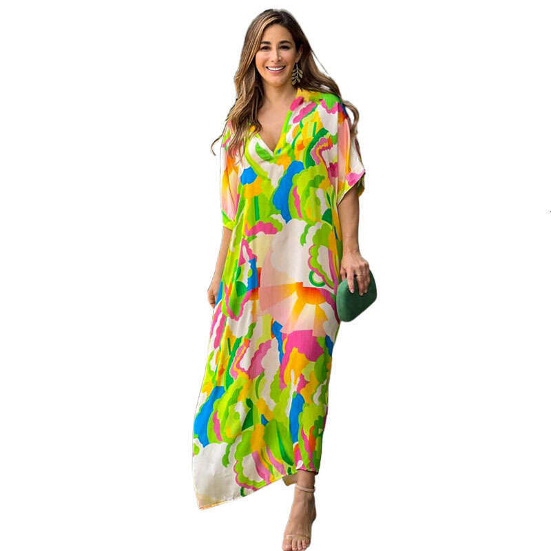 Summer New High-Waisted Fashion Printed Commuter Elegant Short-Sleeve Long Dress For Women B5