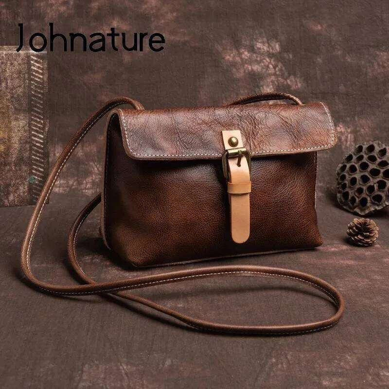 Johnature Vintage Genuine Leather Women Small Bag Versatile Leisure Natural Soft Cowhide Solid Color Shoulder & Crossbody Bags