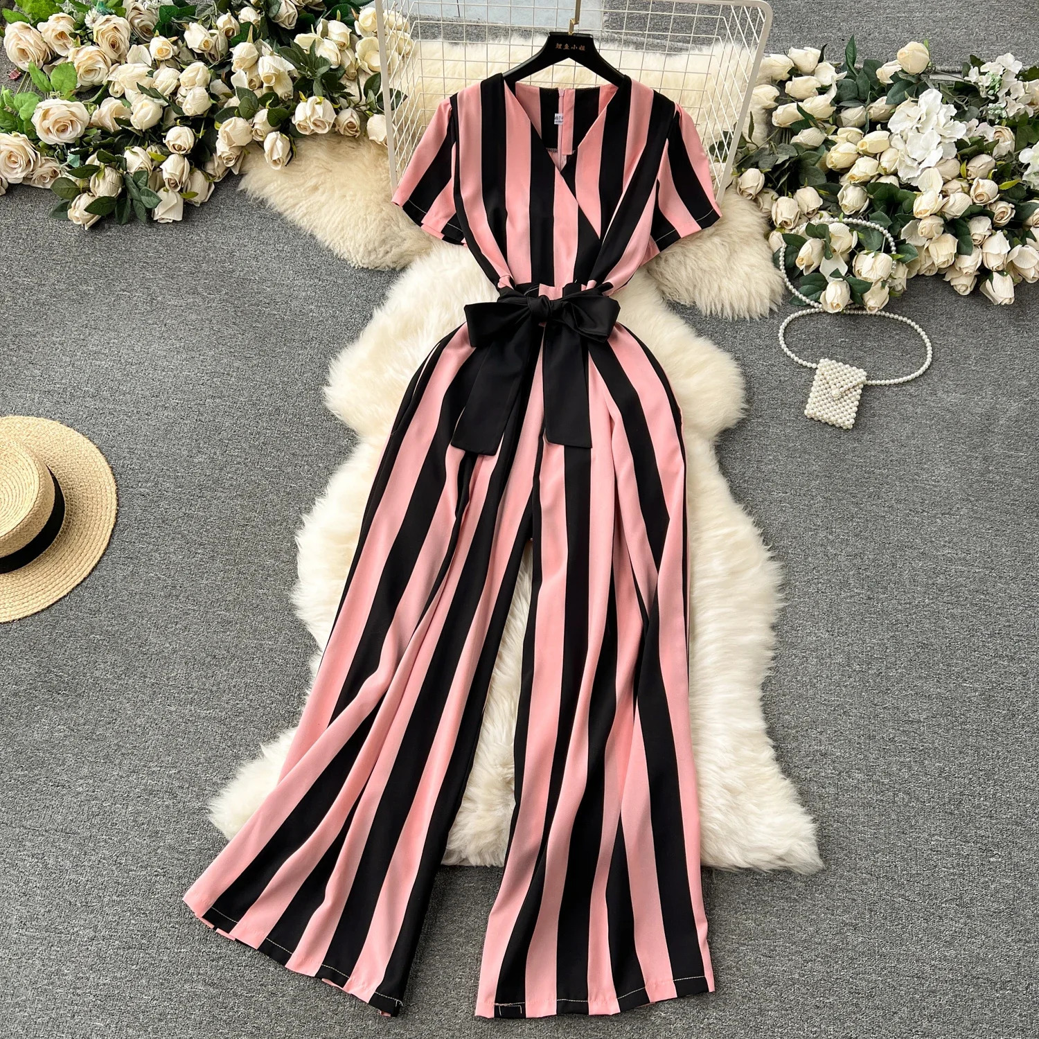 Gentle Women Jumpsuit Stripe V Neck Sleeveless Lace Up Bow High Street Korean Style Summer Long Senior Rompers 250530
