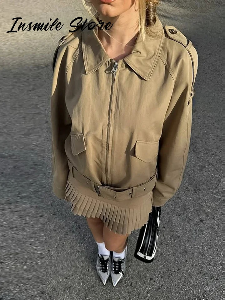 Casual Solid Belt Women Jacket Turn-down Collar Long Sleeve Zipped Loose Female Coats 2025 Spring Chic Lady Streetwear Tops 250530
