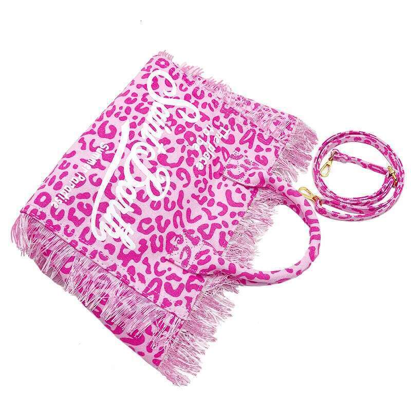Saint Barth Handbag New Beach Casual Fringe Canvas Leopard Print Rose Red Small Tote Bag For Women
