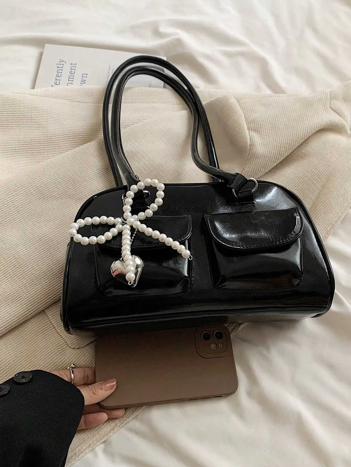 Y2K Spicy Girl Bag New black glossy patent leather underarm bag sweet pearl bow heart-shaped pendant womens simple commute Y250603