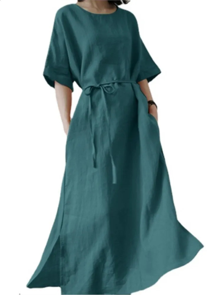 Spring Summer Womens Long Dresses Fashionable Split Hem Skirts Short Sleeves Casual Waistbands Cotton Linen Dresses For Women 250529