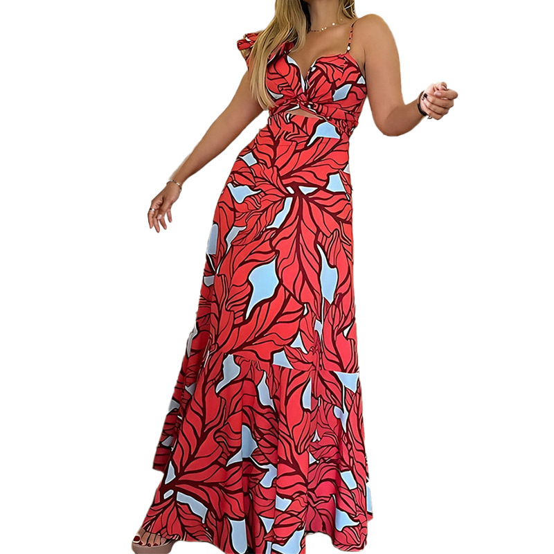 women's wear 2025 Summer Women's High Waist Long Dress with Straps and Hollow Out Design
