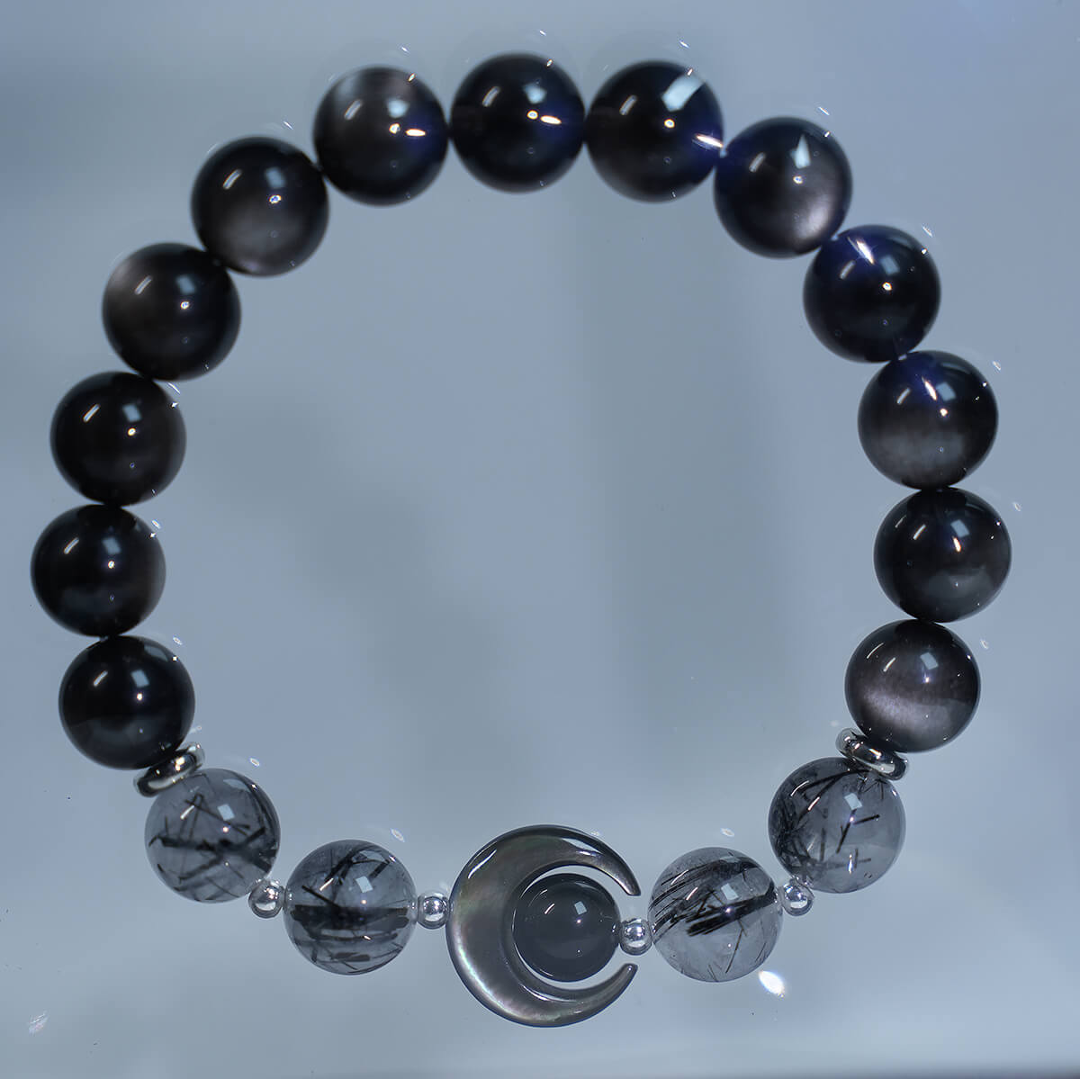Natural crystal, silver obsidian Asai black hair crystal bracelet,Obsidian,wuxing implied meaning Psychic shielding Energy purification Integrity prot