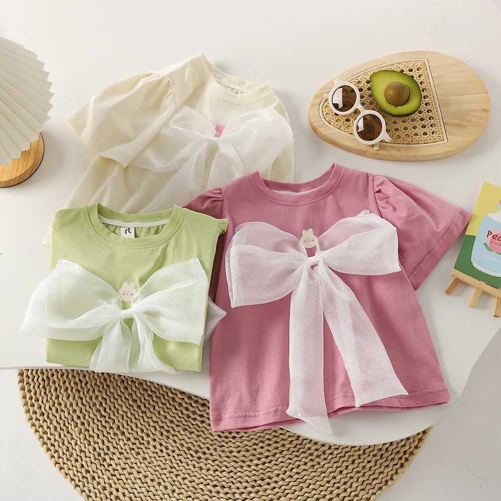 Girls T-Shirts 2023 Rabbit Print With Bow Puffed Sleeves Kids Clothes Girls T-Shirts Children Tops T-shirt For 2-6 years T250603