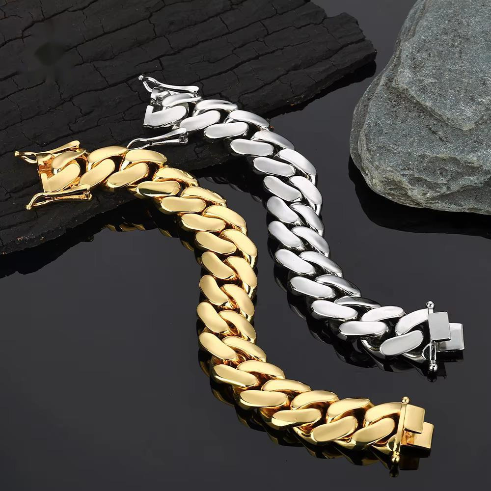 NUOYA 14K/18K Gold Plated Thick Solid Cuban Link Chain Hip Hop Jewelry Iced Diamond Clasp Flat Miami Cuban Link Necklace for Men