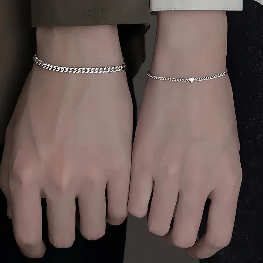 2Pcs 925 Sterling Silver Chain Bracelet Set for Women Men Simple Crystal Heart Adjustable Couple Bracelets Couple Jewelry Gifts 250528
