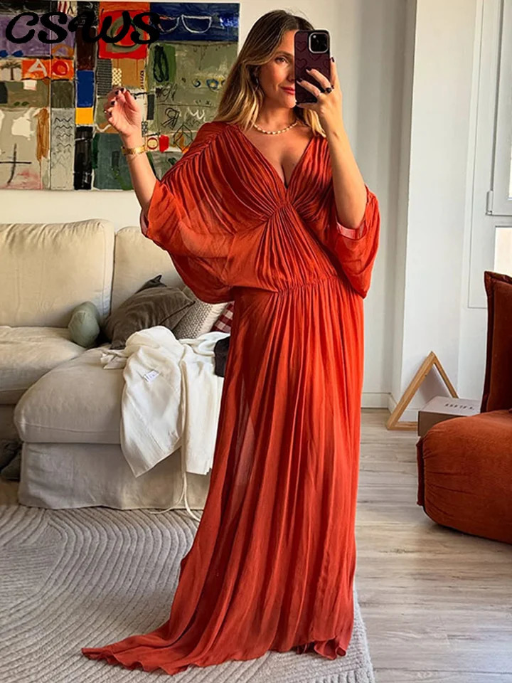 Casual Pleated Women Long Dress Orange V-neck Long Batwing Sleeve Patchwork Female Dresses Spring Summer Party Lady Robe 250530