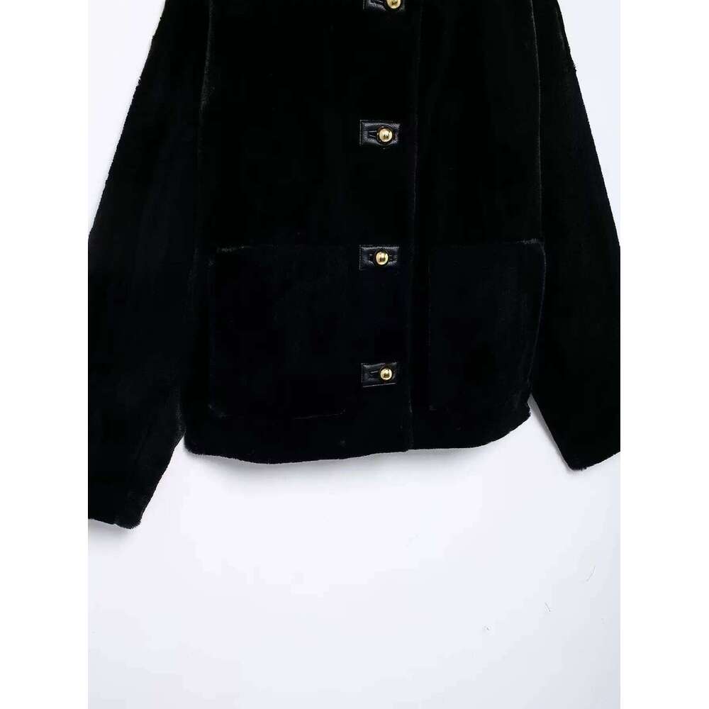 TRAF Women 2024 Winter New Fashion Lazy Faux Fur Jacket Coat Chic Button Style All Match Round Neck Top Outerwear Mujer