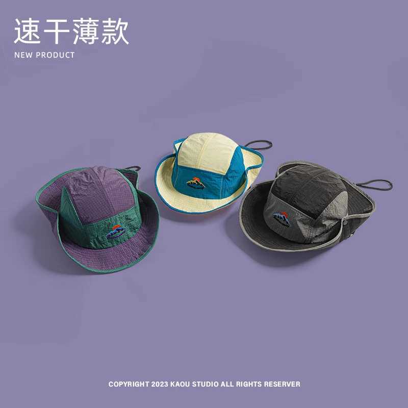 Japanese Summer Quick-drying Breathable Bucket Hat Men and Women Color Matching Mountain Embroidery Sunshade Camping Fishing Cap W250602