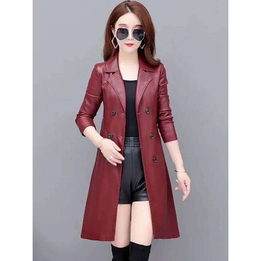 2024 Autumn Winter Chic Leather Jacket Women's Overcoat High-End Fashion Mid-Length Slim Korean Sheepskin Windbreakers Coat Tops