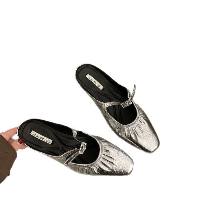 French Style Hidden Peep Toe Mules with Thick Heel for Women 2025 New Silver Elegant Petite Single Shoes ddmythur