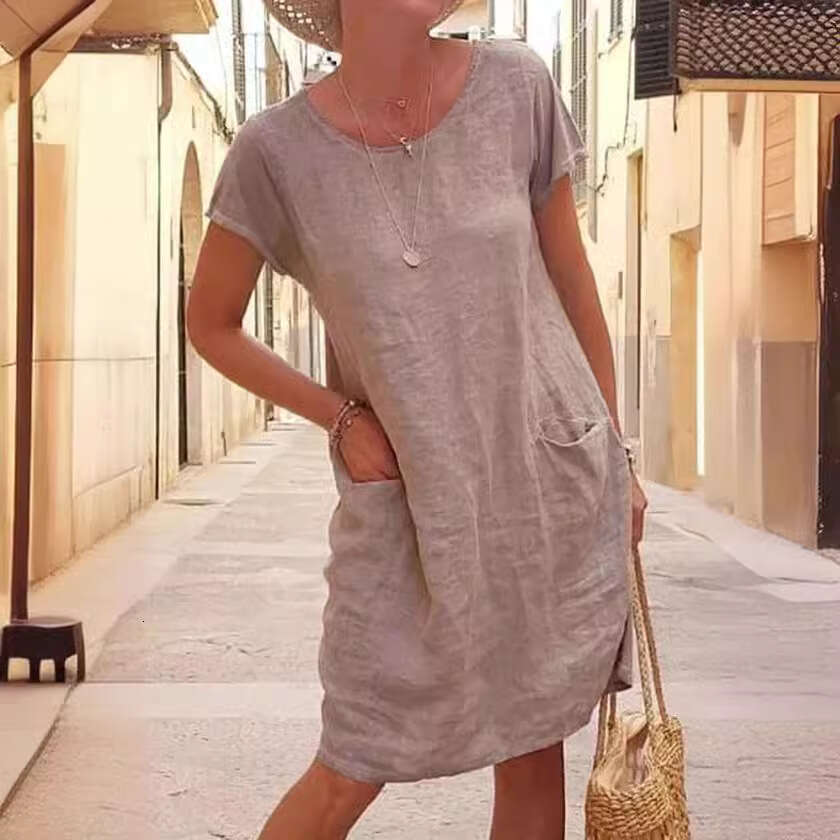 Summer Loose Solid Color Pocket Short Sleeve Round Neck Washed Cotton Linen Dress Women's Fashion B5