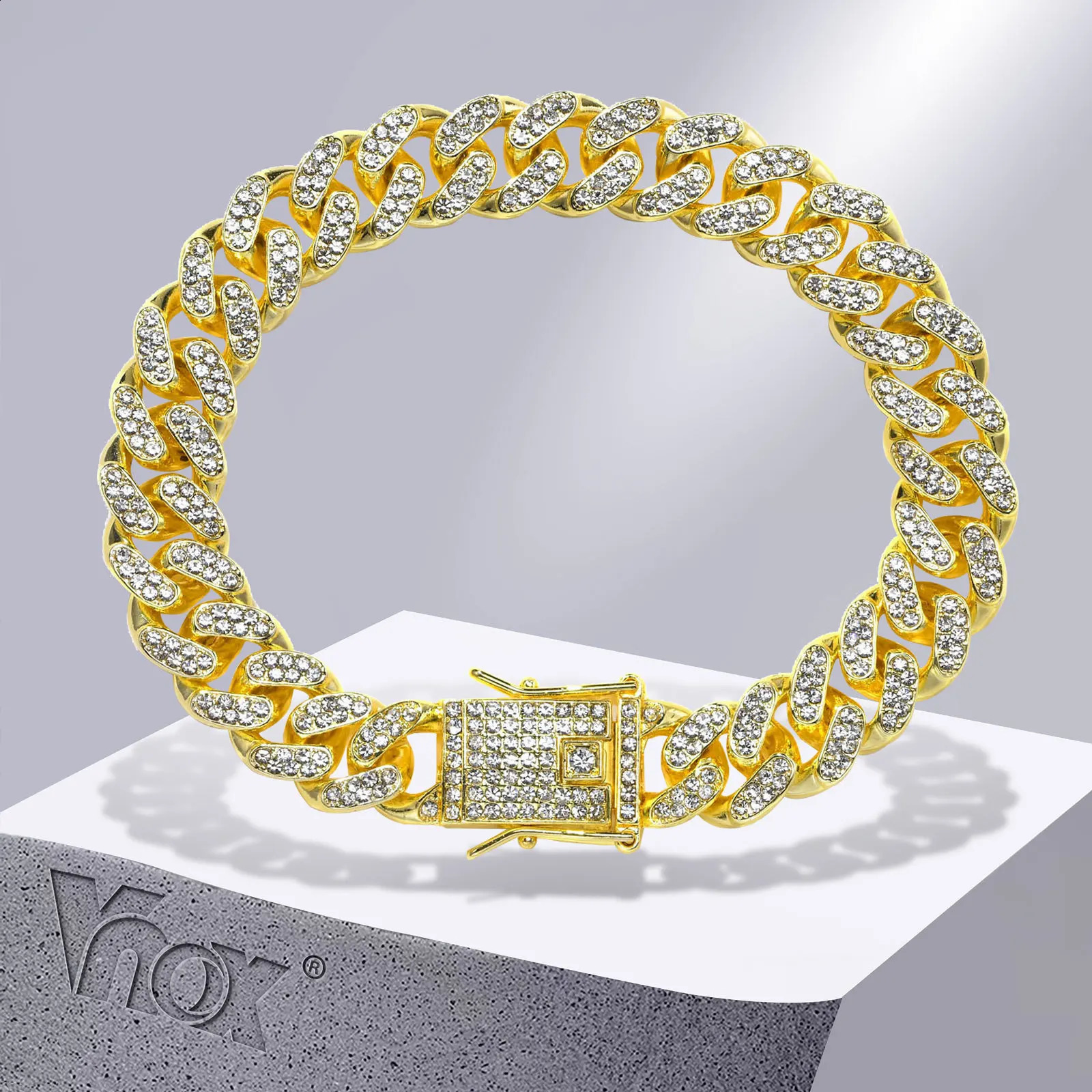 Vnox 12mm Bold Cuban Chain Bracelets for MenFull Iced Out Rhinestones Links Bling Crystal Curb Chain Punk Hiphop Bracelet 250530
