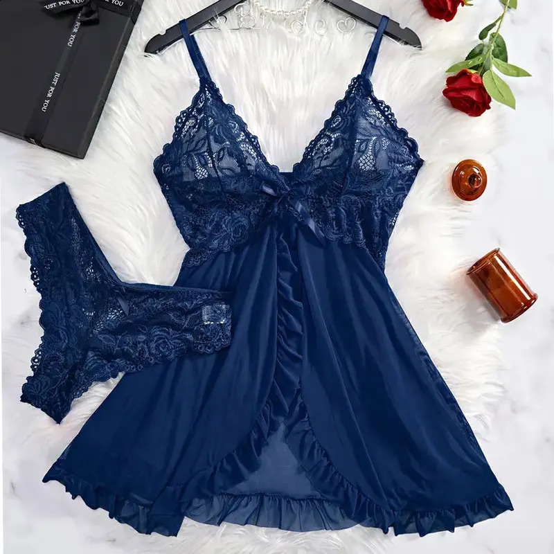 Halter Summer Dress V-neck Lace Tulle Nightgown Sexy Panties Womens Pajamas Plus Size Lingerie Delicate Set Ultra-thin Homewear 250530