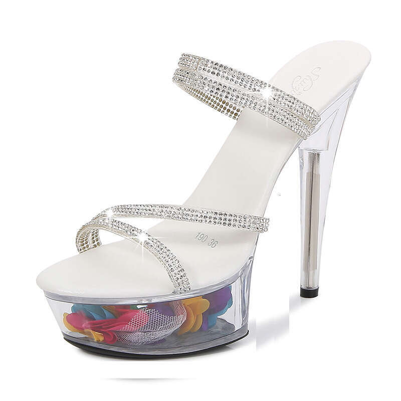 Super High Heels Sexy High Heels 13Cm 15Cm Rhinestone Strap Two-Way Thin Heel Waterproof Platform Sandals Transparent Crystal Wedding Shoes Platform H