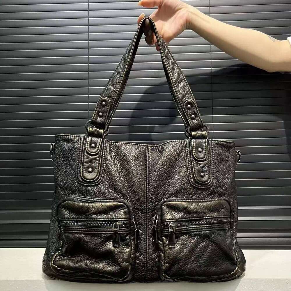 Ladies' Fashion Y2k Retro Street Hot Girl Motorcycle Bag, Large Capacity Distressed Multi Pocket Vegan Leather Shoulder Bag