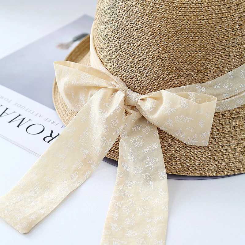Womens Knitted Straw Fisherman Hat with Bow Ribbon Wide Brim Sun Hat Breathable UV Protection for Beach Wedding Travel Foldable W250602