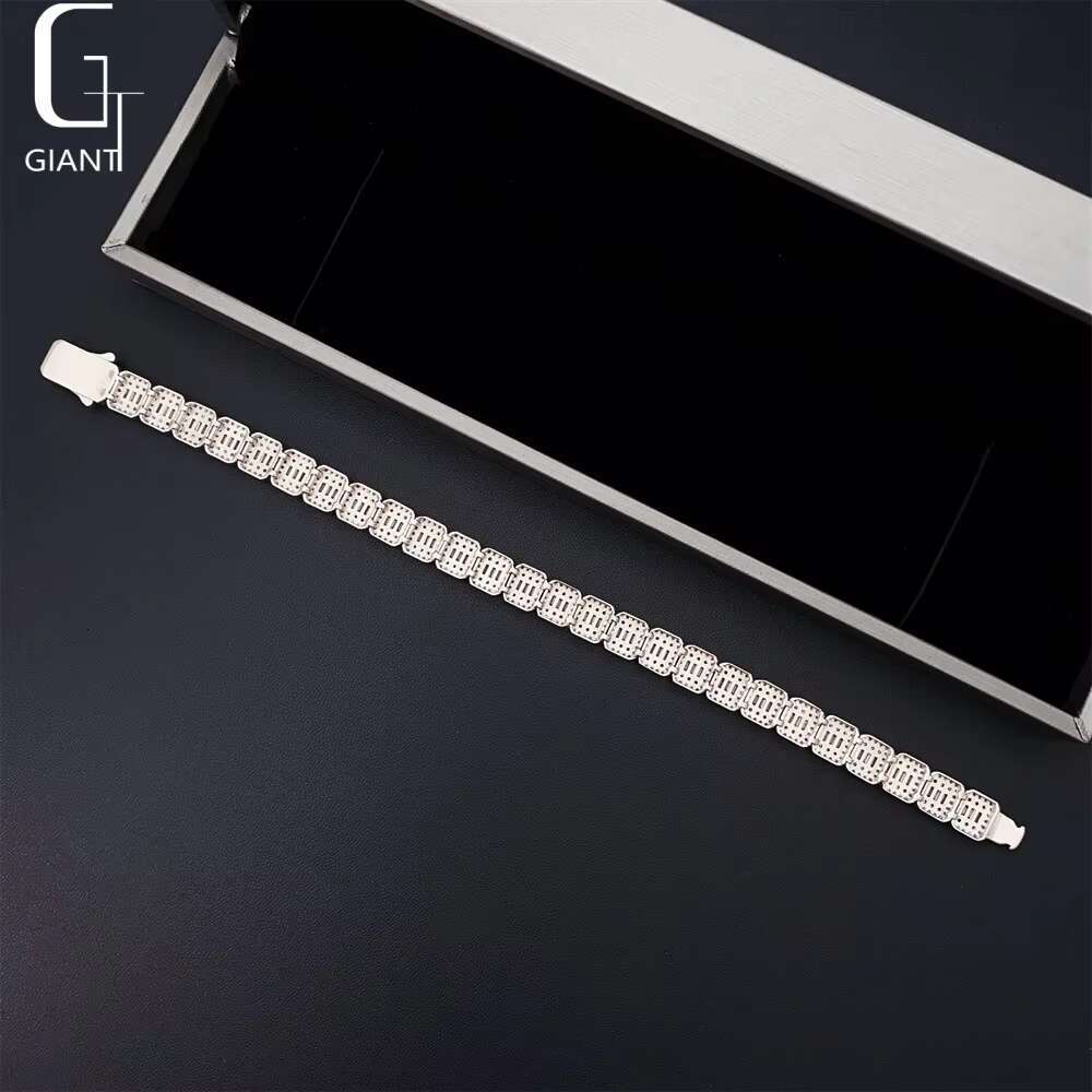 Spring Buckle VVS Moissanite Cuban Bracelet Iced Out Jewelry 9MM Baguette Cut Diamond Cuban Link Men Hip Hop Silver Bracelet