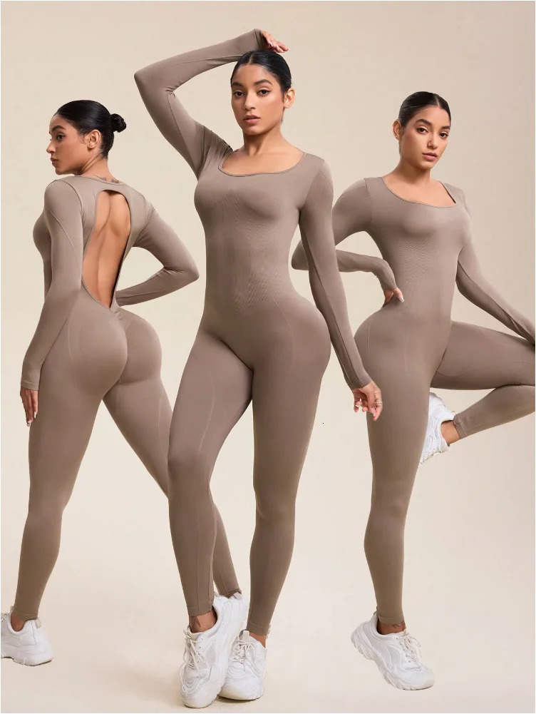 Seamless Sports Yoga Suit Jumpsuit Long Sleeve Peach Hip Trousers Running Fiess Exercise Pilates Quick Drying Clothes 250529