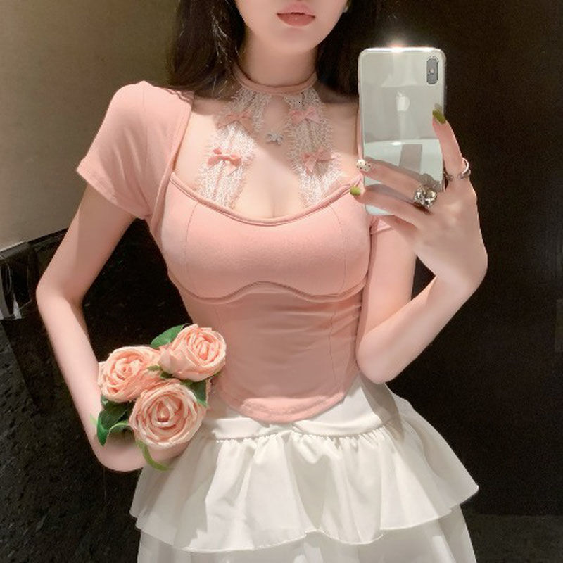 2025 new spring and summer women's T-shirt new suspender design lace bow short sleeved basic shirt women's summer slim fit designer spicy gi