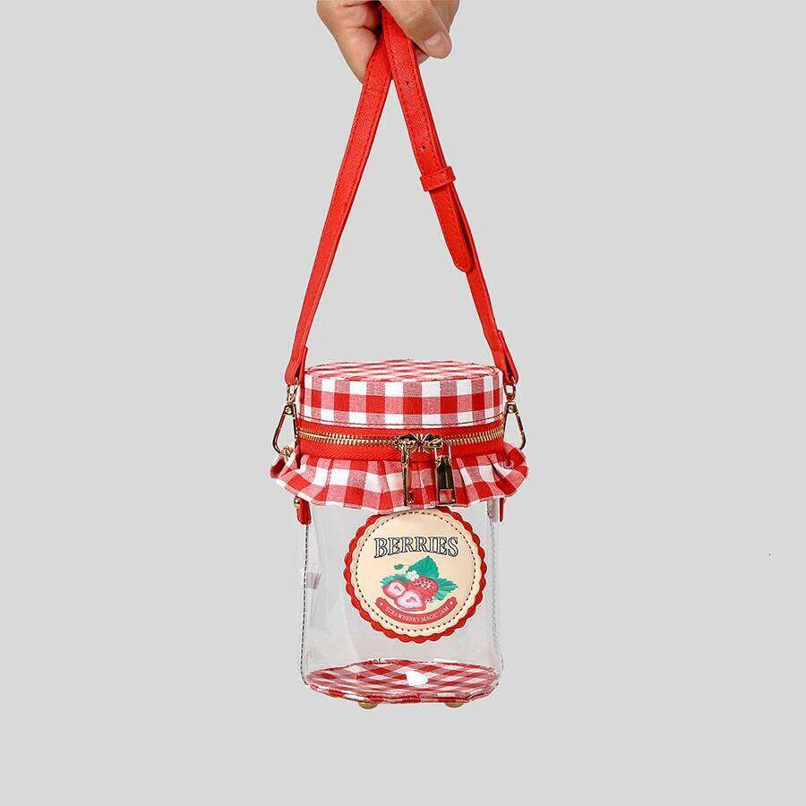 Cute sweet strawberry jam jar design crossbody bag for women funny transparent pvc shoulder bags creative novelty small purses