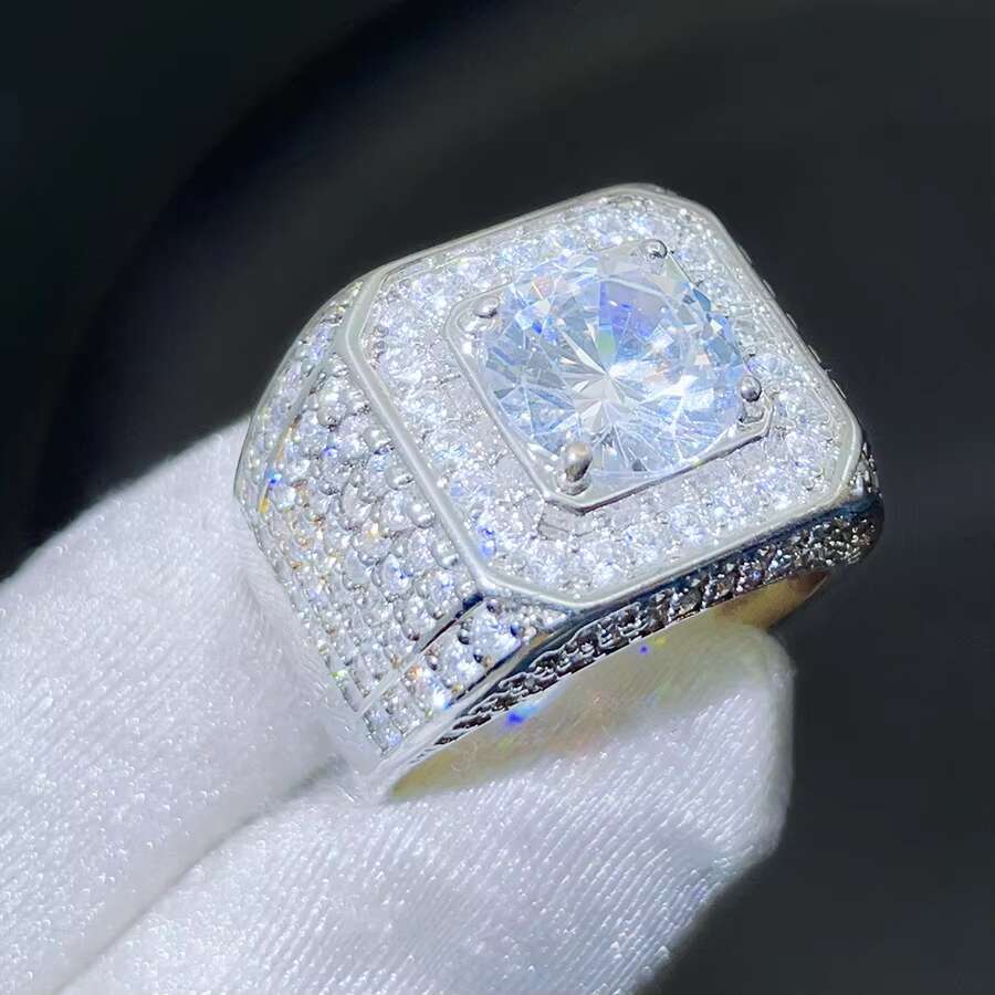 FOXI 4.0Ct Round Cut REAL Moissanite Mens Solitaire Ring 925 Sterling Silver Moissanite Diamond Cluster Rings Pinky Ring