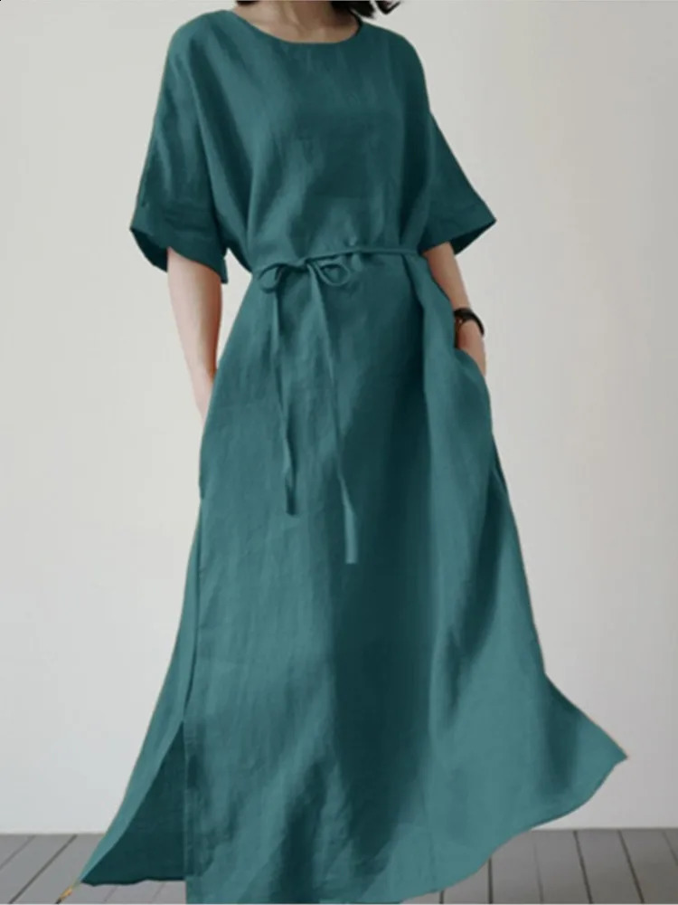 Spring Summer Womens Long Dresses Fashionable Split Hem Skirts Short Sleeves Casual Waistbands Cotton Linen Dresses For Women 250529