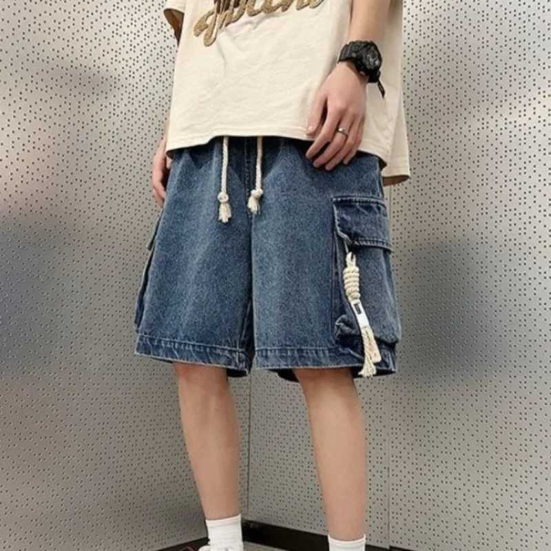 Mens Short Jeans Pants Drawstring Original Summer Male Bermuda Denim Shorts Korean Fashion Y2k Retro Distressed Buttons Cowboy T250603