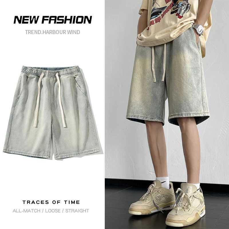 Summer New Korean Style Mens Denim Shorts Loose Straight Wide-leg Elastic Waist Baggy Short Jeans Male Brand Clothes T250603