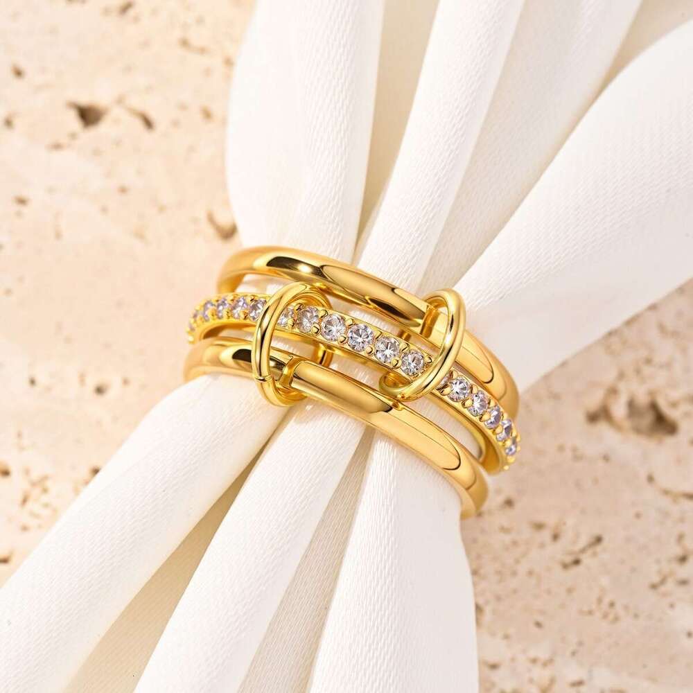 gold threering inlaid diamond zircon interlocking stacking rings highquality handpolished