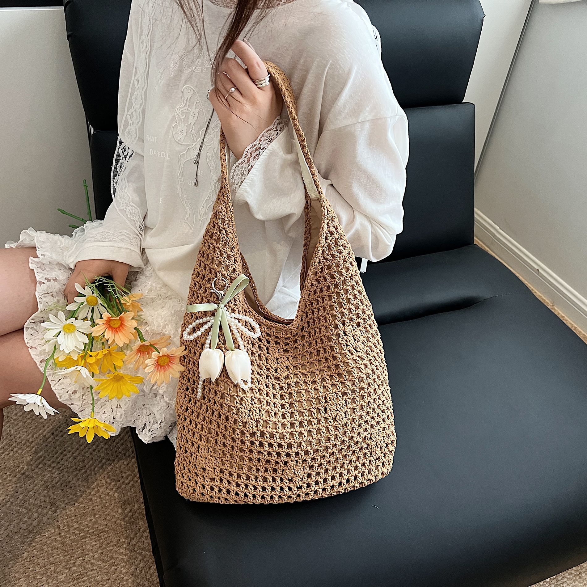 designer Niche Design Handwoven Bag 2025 New Striped Cotton Rope Women's Bag Trendy Hollow Handbag Shoulder Beach Bag