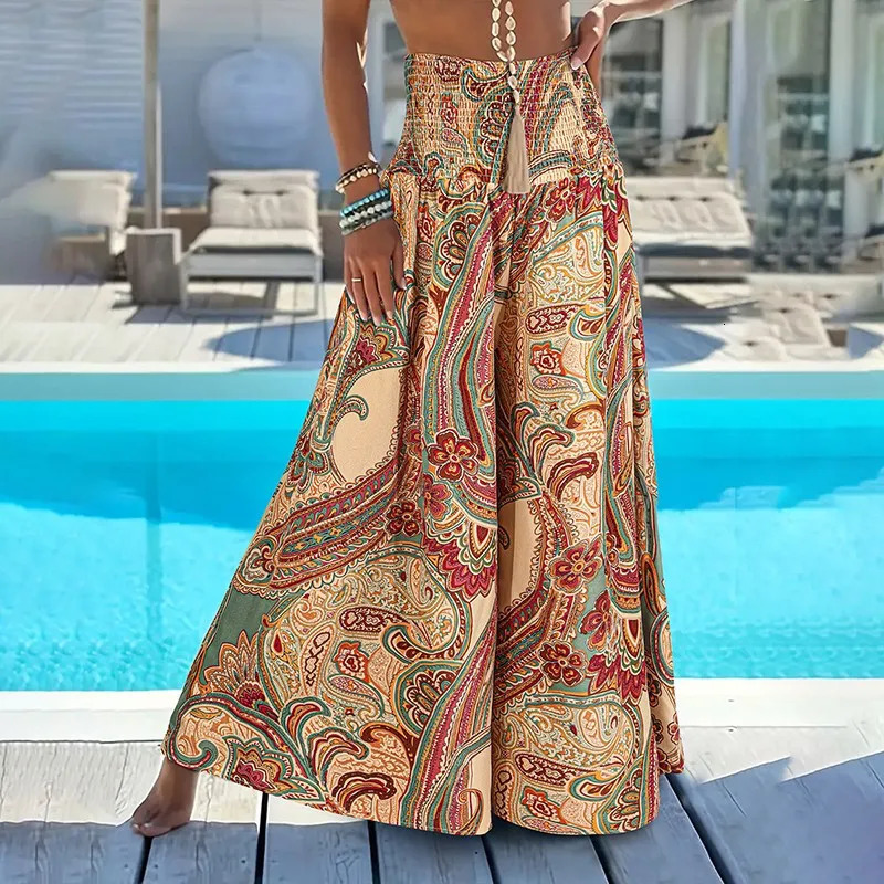Boho Print Flared Pants Women Retro Elastic Waist Ruffled Loose Flowy Wide Leg Trousers Casual Summer Vacation Beach Pants 250603