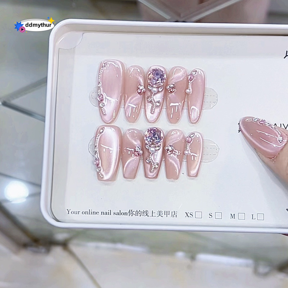Nai Zi Handmade Wearable Nails Rose Church 3D Pink Dia Chasing Light Cat Eye High-end Pure Desire Temperament Nail Stickers ddmythur