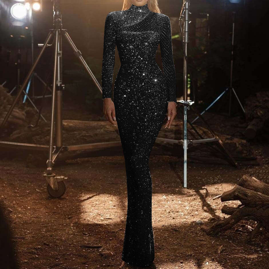 New Hollow Out Off-Shoulder Round Neck Slim Fit Elegant S-Shaped Sequin Dress For Women B5