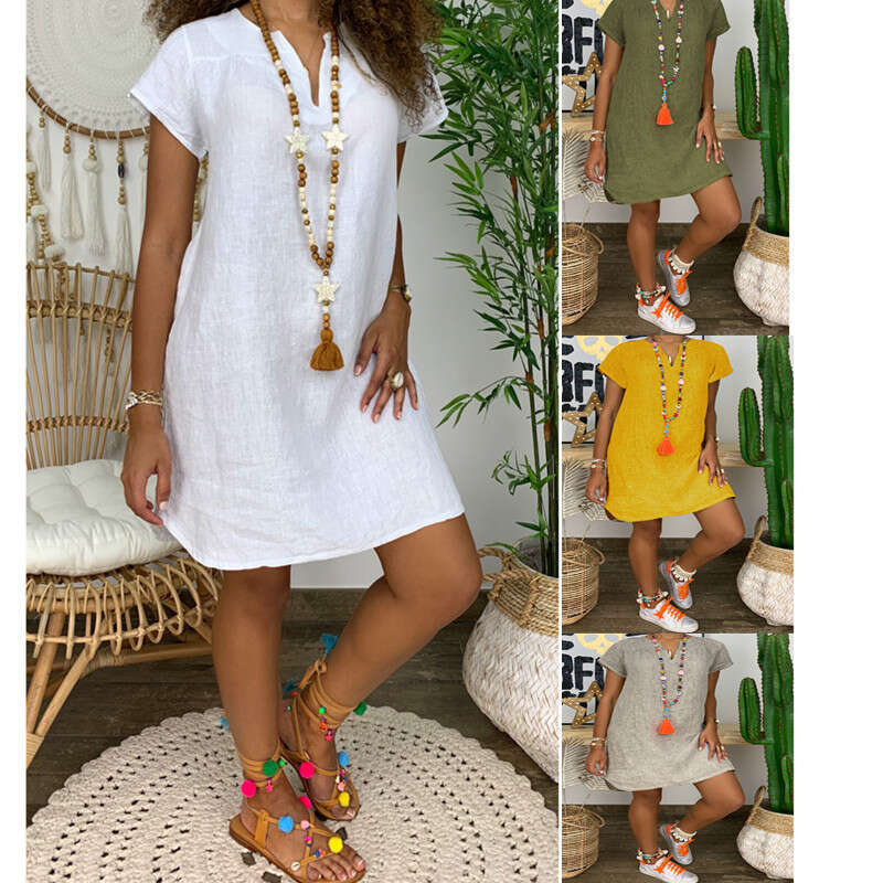 Dresses for Woman Elegant Tender Vestido Designer Dresses Devise 2025 New Hot Selling Spring/summer Loose Skirt Short Sleeved V-neck Solid Color Woven