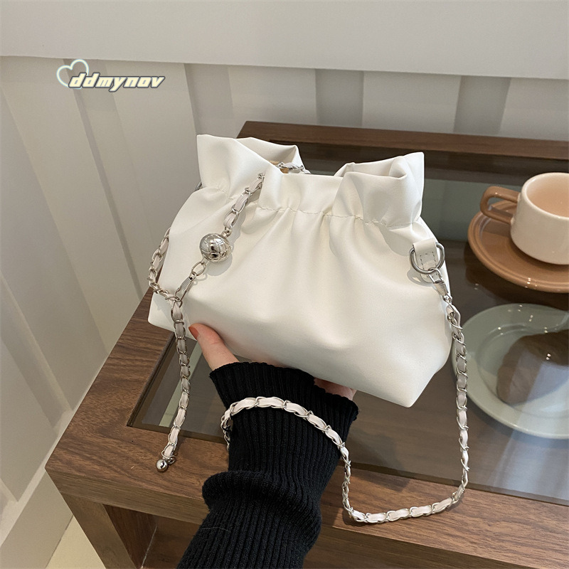 Trendy Women's Bags 2024 Spring Summer New Pleated Bucket Unique Drawstring Chain Shoulder Crossbody Bag ddmynov