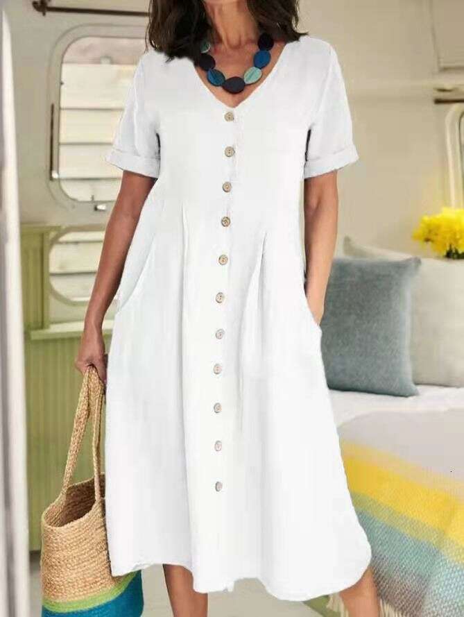 Spring/Summer New Solid Color Loose High-Waisted Cotton Linen Dress B5