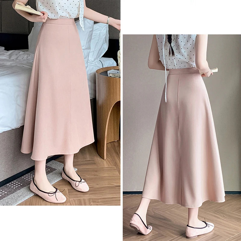 Elegant OL Spring Summer Long Skirts For Woman Fashion Korean High Waist A-line Office Skirt Suit Pleated Pink Black Skirt Women 250603
