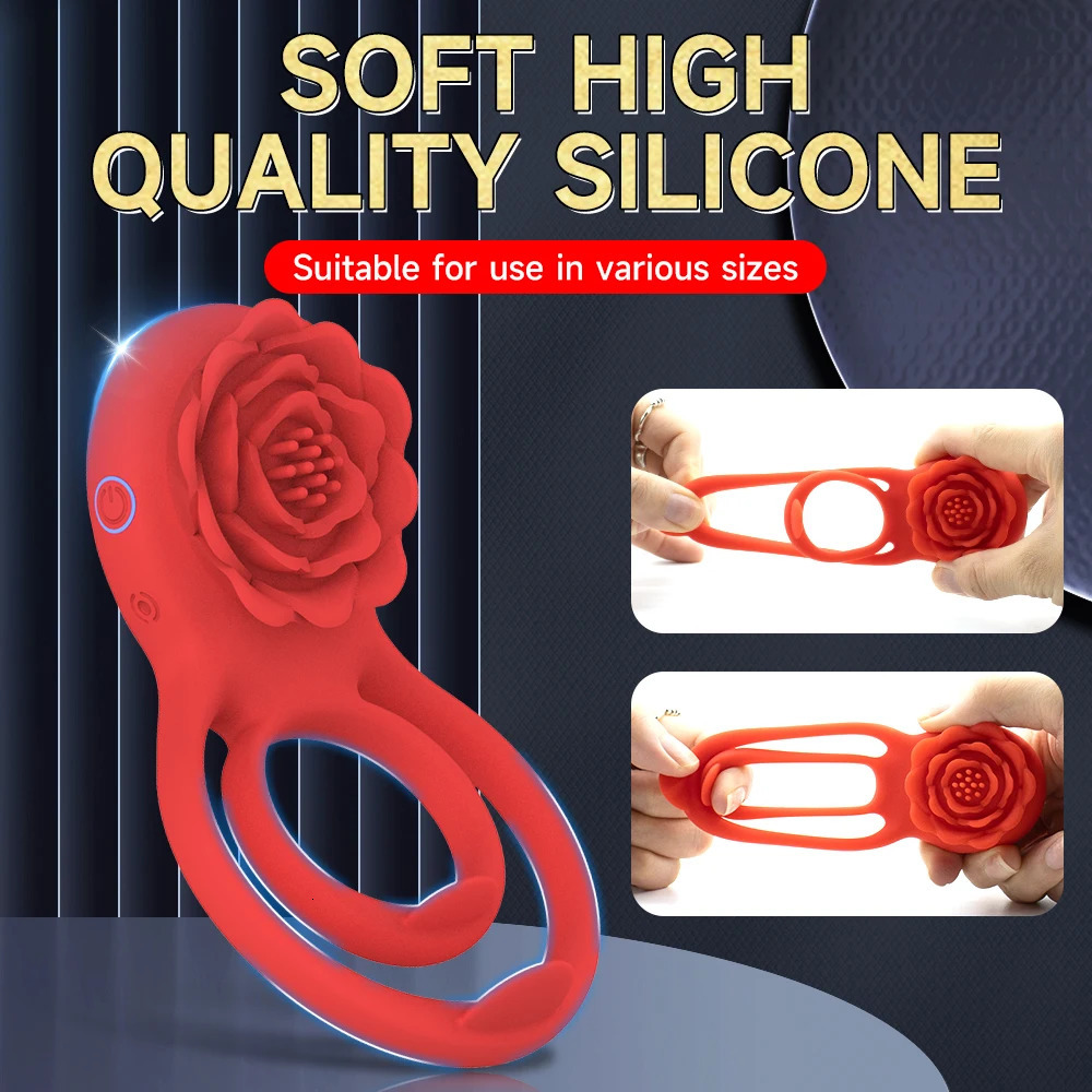Vibrating Cock Ring with Rose Clitoral Stimulator Delayed Ejaculation Penis Rings Vibrator Couples Adult Sex Toys for Men Women 250603
