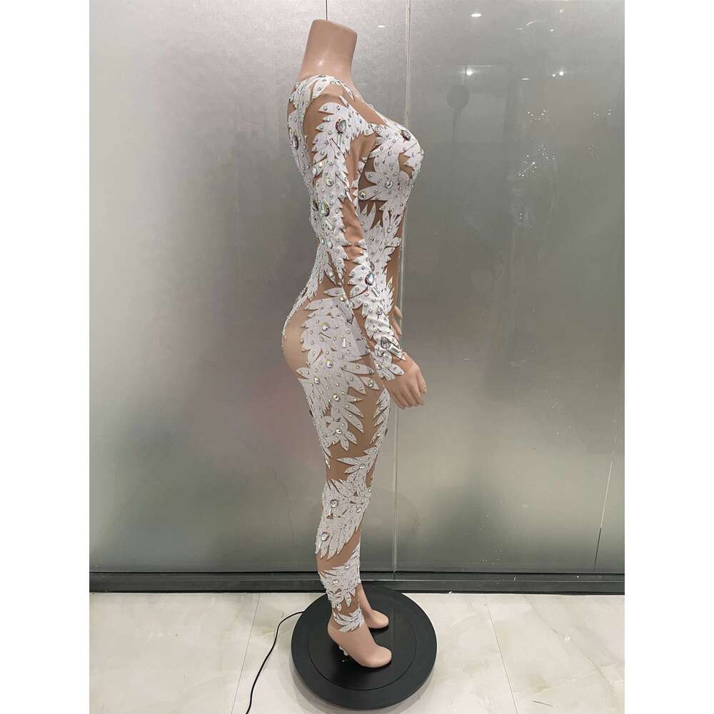 Sexy Crystal High Stretch Bodycon Long Sleeve Jumpsuit Women Celebrate Nightclub Party Club Performance Costume Stage Wear
