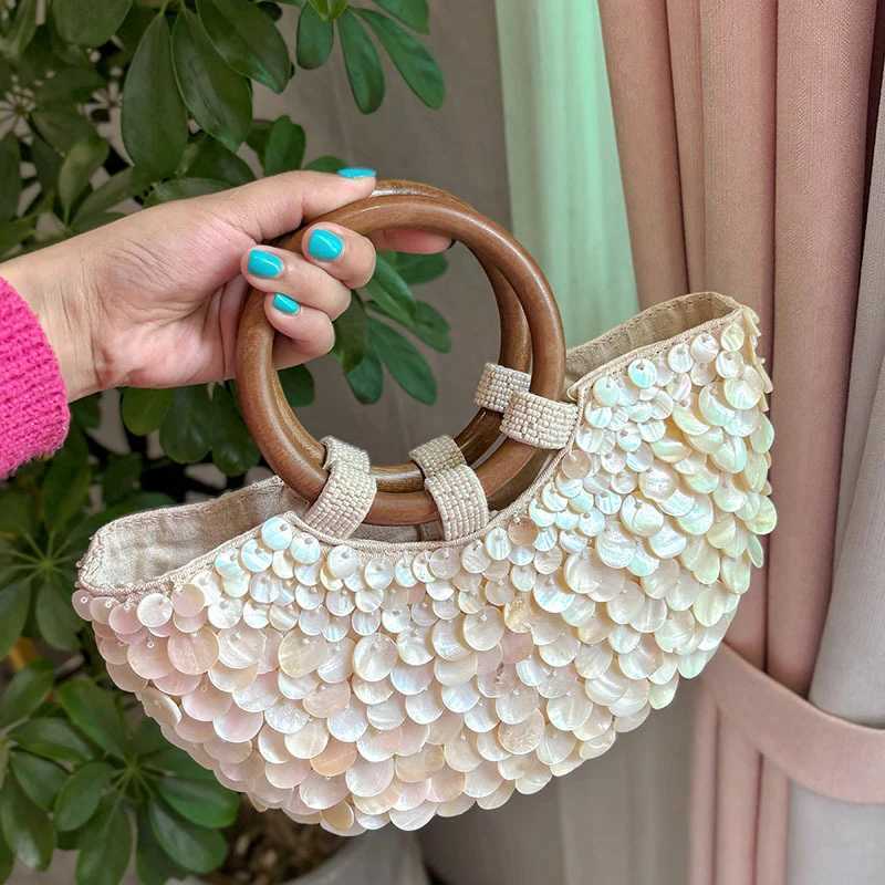 Handmade Shell Bag Brand Unique Creative 2025 New Luxury Summer Fairy Wood Handle Elegant Banquet Commuting Versatile Handbag Y250603
